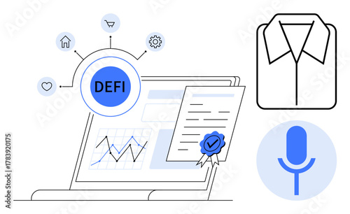 Laptop displaying financial data, blockchain-based certificate, decentralized finance icons, shirt icon, microphone. Ideal for fintech, blockchain, technology, business economy analytics