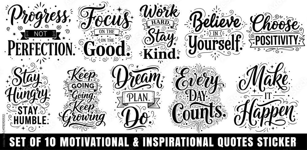 Fototapeta premium Set of 10 Motivational & Inspirational Hand-Lettering Quotes Stickers