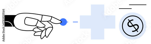 Robotic hand moving blue element toward cross symbol and dollar icon, suggesting healthcare innovation, automation, financial access, technology advancement. Ideal for healthcare, technology