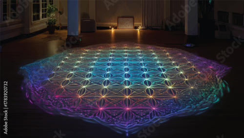 Illuminated Flower of Life Sacred Geometry Pattern on Wooden Floor Indoors