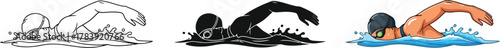 Set of swimmer in different styles outline, silhouette, and colored version vector illustration