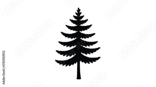 A stark black silhouette of a tall slender evergreen pine tree standing alone against a pure white background creating a minimalist natural graphic element