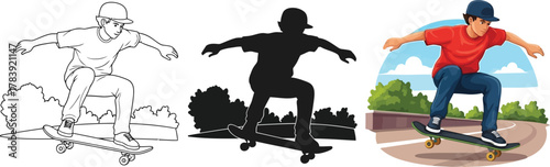Set of skateboarder in different styles outline, silhouette and colored version vector illustration