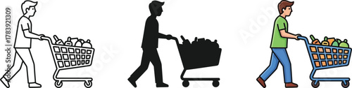 Man pushing a shopping cart full of groceries, line art, silhouette and color illustration