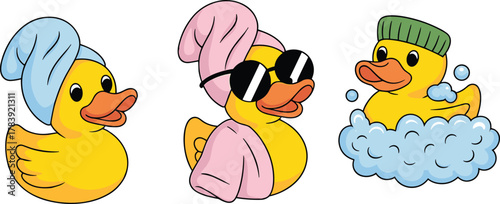 Cartoon rubber ducks in bath scenes, playful duck characters with towels and bubbles for hygiene, spa, relaxation and humor themes