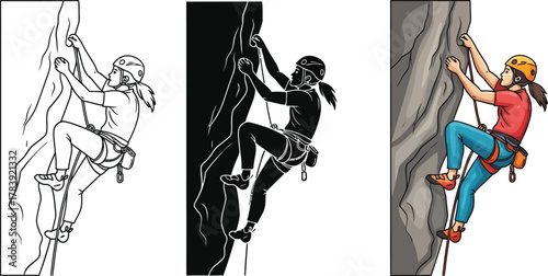 Rock climber illustration set, including line art, silhouette and color versions