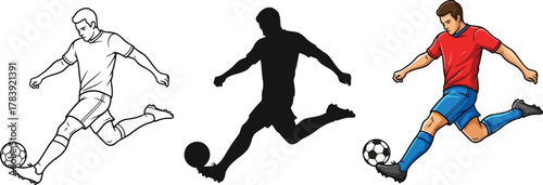 Soccer player illustration set, including line art, silhouette and color versions