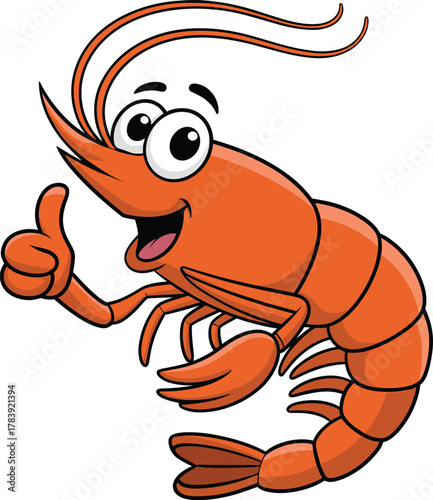 Cartoon shrimp character, funny seafood mascot, anthropomorphic prawn illustration, thumbs up crustacean, cute ocean animal, vector clip art