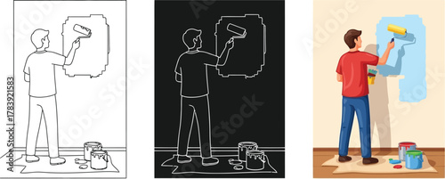 Illustration of a man painting a wall with a paint roller vector design