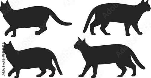 Cat walking silhouettes, feline motion poses, black vector design, side profile illustrations, animal movement icons, isolated graphic asset, pet shape set