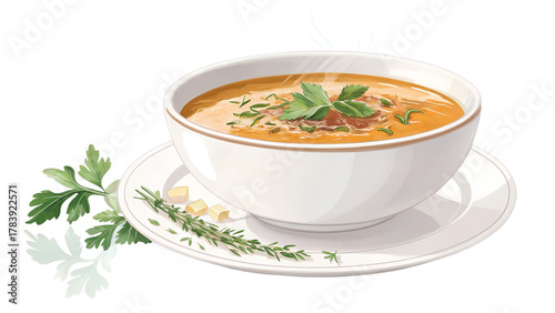 Warm soup in white bowl with herbs on top, isolated on transparent background, soft reflection.