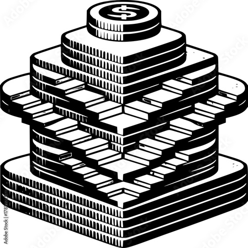 Money Steps to Success: A stylized illustration presents a climb of layered steps. with a coin. representing the journey of financial growth, investment, and achieving goals. 