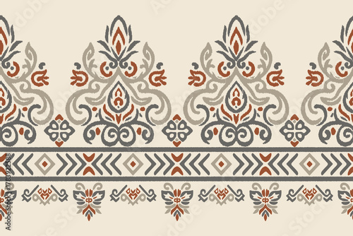 Floral Ikat pattern embroidery border.Motifs African boho paisley background.Ethnic floral Indian seamless.Aztec traditional textile design. Illustration for fabric, textiles