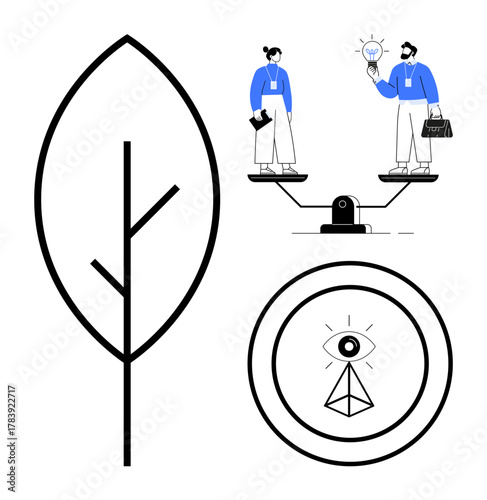 Leaf outline, professionals balancing on scales, and eye with geometric details. Ideal for sustainability, teamwork, equality, decision-making, innovation vision ethical choices. Simple flat