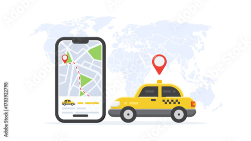 vector illustration of a smartphone showing a detailed map and route, paired with a yellow taxi against a world map backdrop. Ideal for travel, navigation, transport, and delivery themes.