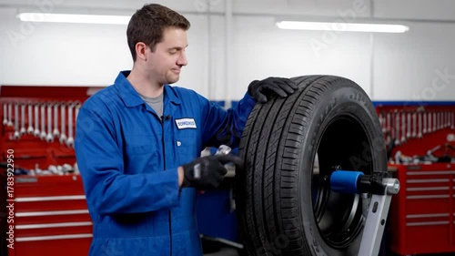 Mechanic Inspecting Tire - A smiling mechanic in a blue jumpsuit points to a tire on a wheel balancer in an auto repair shop. The background shows a red tool chest and organized tools.