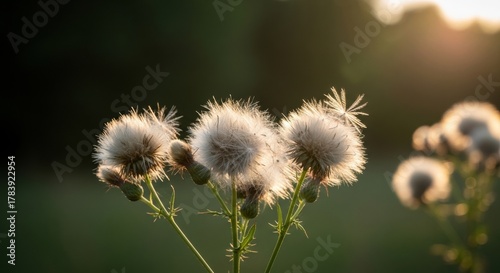 Fototapeta Naklejka Na Ścianę i Meble -  Fluffy thistle seed heads glowing in golden hour sunlight. Delicate wildflower pappus ready for dispersal. Natural concept of change, growth and new beginnings in a summer field