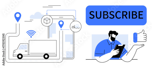 Truck with location pins, wireless signal, tablet, and thumb-up icon symbolize logistics, tracking, subscription services. Ideal for delivery, technology, e-commerce automation business growth