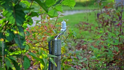 Rain Sensor Installed in Garden as Part of Automated Lawn Watering System