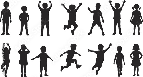 Children silhouettes, playful kids, jumping, running, standing, black figures, white background, childhood activity, diverse poses, boys and girls