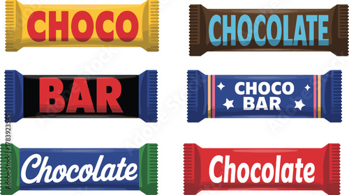 Chocolate bar wrappers, colorful packaging, bold typography, snack branding, candy design, product mockup, sweet treat, vector art, dessert icons
