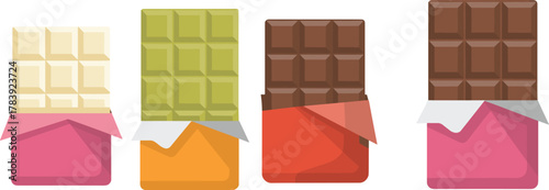 Chocolate bars set with colorful wrappers, dark chocolate, milk chocolate, white chocolate, matcha green chocolate, sweet dessert, confectionery illustration, candy design