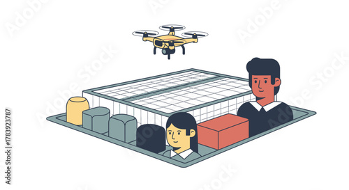 A drone flying over a vast facility managing digital data archives