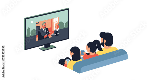 A family watching a historical documentary on a large smart television screen