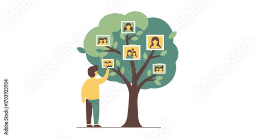 A person drawing a family tree with digital photo frames replacing leaves