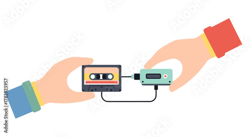 A pair of hands connecting an old audio cassette to a modern adapter