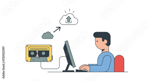 A person uploading old audio recordings from a tape to a cloud server
