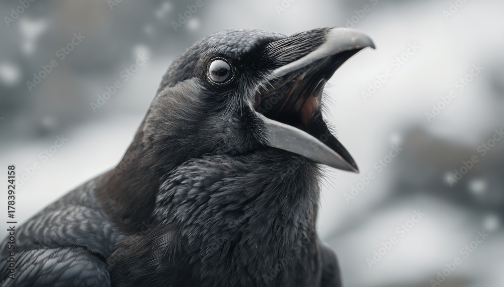 Obraz premium Close-Up Photo Of A Screaming Black Raven Against A Light Background - A Majestic Creature Captured In Stunning Detail.