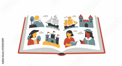 An open book with vibrant illustrations depicting a historical narrative