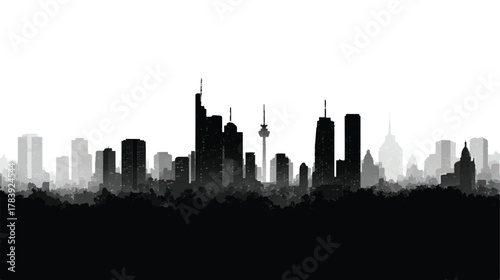 Monochrome Cityscape Silhouette with High Rises and Distant Buildings Artwork