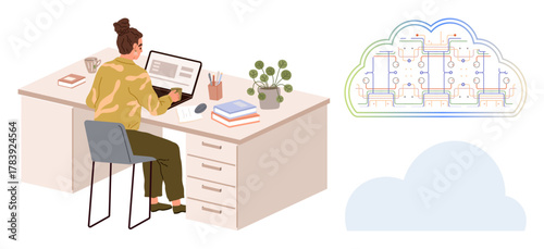 Woman typing on laptop at desk surrounded by office items, potted plant, cloud diagram with server connections. Ideal for remote work, technology, cloud computing, data management, productivity