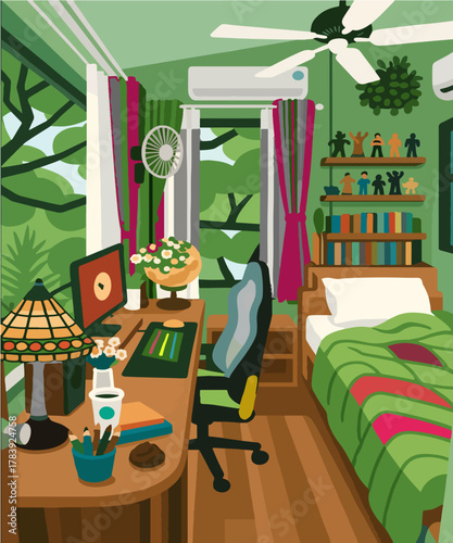 A cheerfully decorated green bedroom with a desk bed and plants