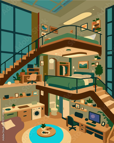 Stylish indoor loft space featuring a staircase and modern interior design