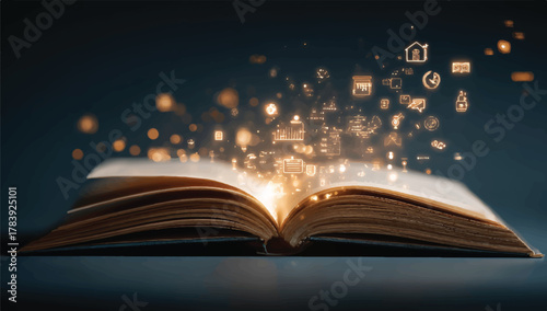 Open book radiating knowledge and icons with a dark background glow