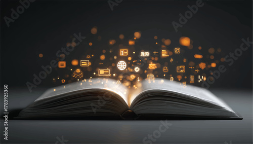 Open book with glowing icons representing knowledge and online resources