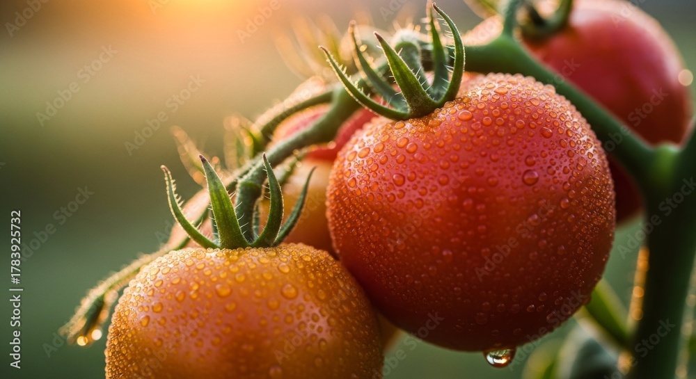 Obraz premium Close up of ripe tomatoes on vine with water droplets and soft lighting
