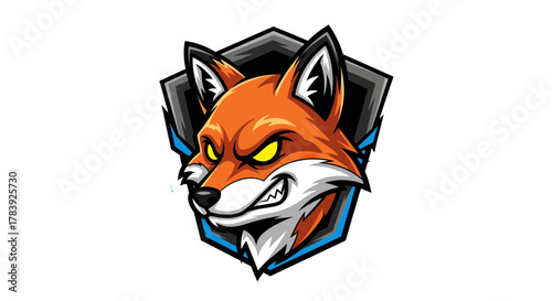 Fierce orange fox head mascot logo for an esports gaming team, a powerful vector emblem