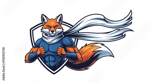 Dynamic fox superhero mascot character with flowing cape and shield emblem, embodying strength and agility