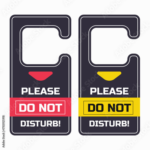 Two door hangers with the words please do not disturb the left hanger is dark gray with a red stripe, and the right hanger is dark gray with a yellow stripe