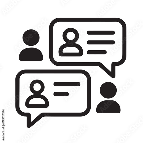 An icon of a chat interface, rendered entirely in black on a white background. The design displays several message bubbles aligned with user profile icons, clearly representing an online conversa