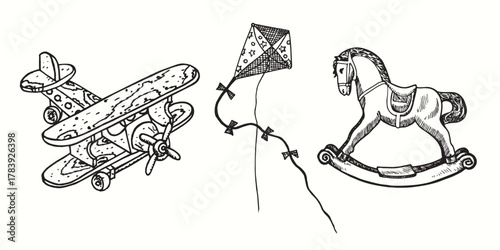 Wooden toy plane, Kite, Rocking horse, toys retro collection, ink black and white doodle drawing in woodcut style