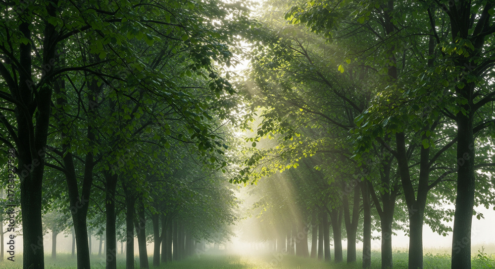 Obraz premium green trees with morning sunlight penetrating beautifully