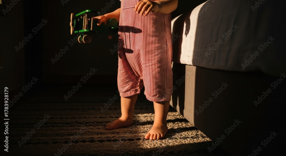 Obraz premium Toddler standing barefoot holding a wooden toy airplane. Childhood imagination and creative play. Early learning and development concept. Quiet moments at home with natural sunlight