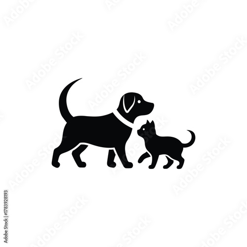 Silhouette of a friendly dog and a playful cat walking together side by side in a simple graphic illustration