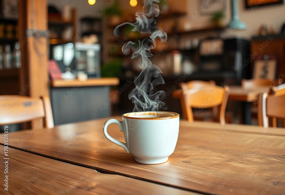 Fototapeta premium Steam rising from a ceramic coffee cup on a rustic wooden table in a warm cafe, mug, coffee beans
