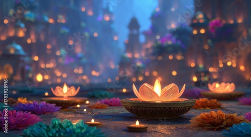 Water Lilies and Lanterns Illuminate a Serene Festival Night in a Tranquil Setting